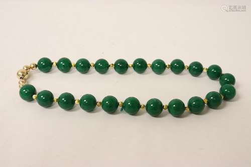 Chinese jadeite bead necklace, wtih 14K ball clasp