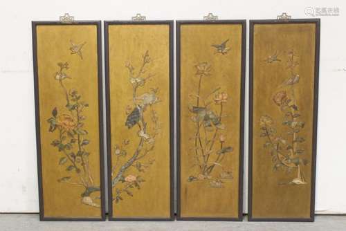 4 Chinese antique lacquer panels w/ shoushan stone