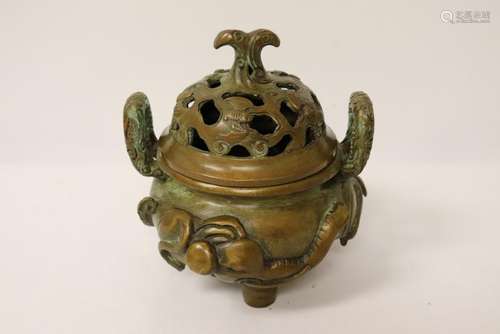 Ornate Chinese tripod covered bronze censer