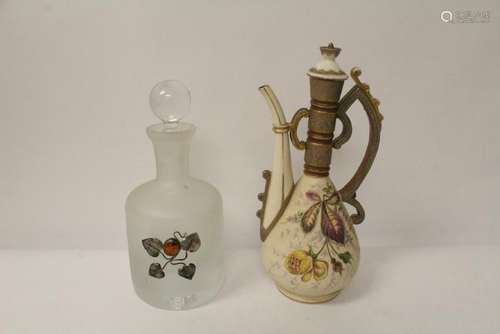 Glass bottle w/ silver decoration & a decanter