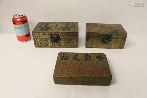 3 Chinese brass tea boxes with decorations on top