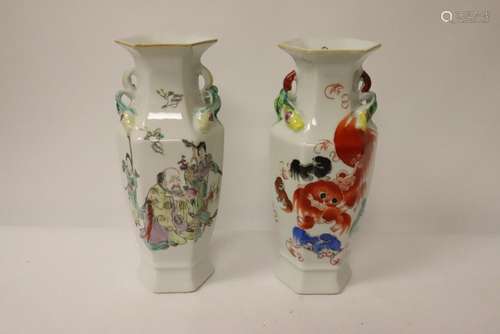 2 Chinese famille rose hexagonal porcelain vases