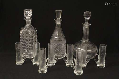 3 crystal decanters and 8 shot glasses