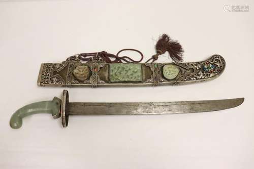 A silver handled & scabbard sword decorated w/ jade