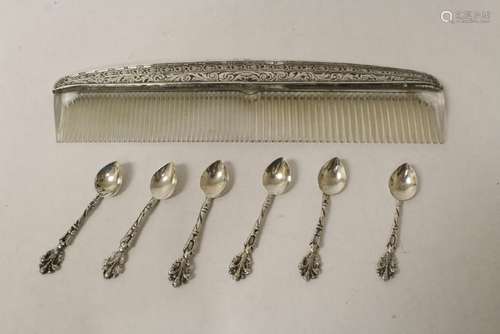 Six 800 silver spoons, & a sterling handle comb