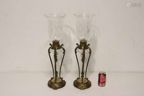 Pr antique bronze based candle holder w/ crystal shade