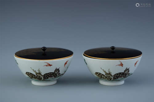 A Pair of Porcelain Bowls with Matching Cover