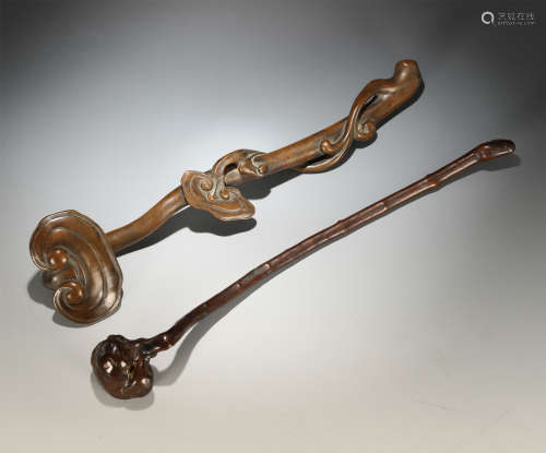 Two Chinese Sandalwood and Boxwood Scepters