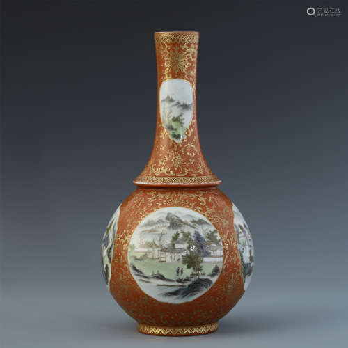 A Chinese Coral Ground Famille Rose 'Landscape' Revolving Vase