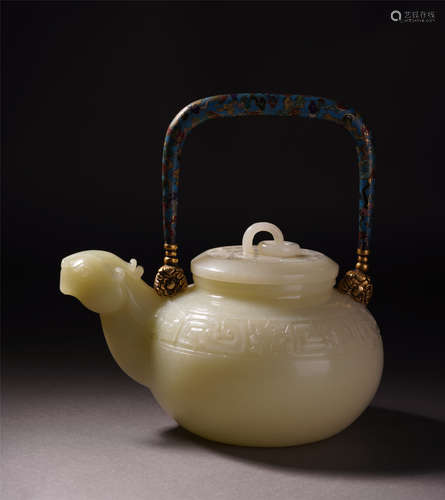 A Chinese White Jade Beast  Shaped Vessel with  Cloisonne Enamelled Handle