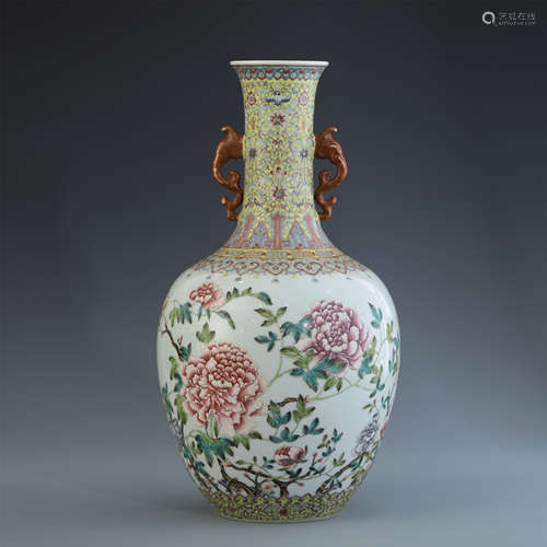 A Chinese Famille Rose Long Neck 'Peony' Vase with Twin Handles