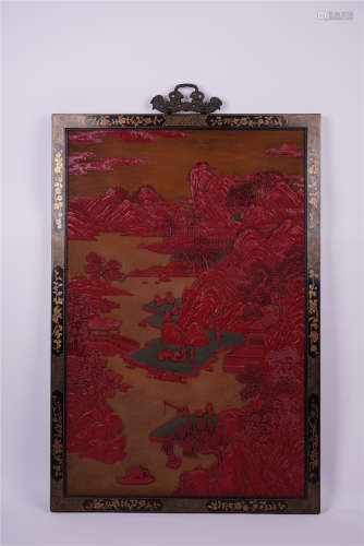 A Chinese Zitan-framed Cinnabar Lacquered 'Landscape' Panel