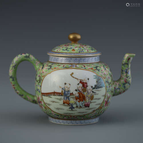 A Chinese Enamel Tea Pot Depicting Kids Playing Around