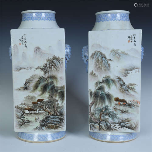 A Pair of Chinese Famille Rose Vase of Landscape by Zou Guojun