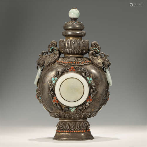 A Chinese  Silver Inlaid Jade Vessel with Twin Handles