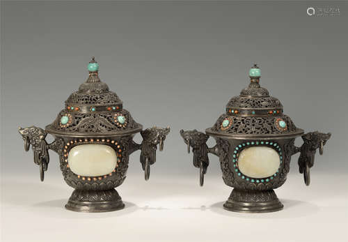 A Pair of Chinese Silver Incense Burners Inlaid with White Plaques