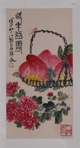 A Fine Chinese Hanging Painting Scroll of Peach by Qi Baishi