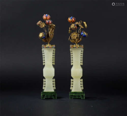 A Pair of Chinese White Jade and Gilt Silver Flower Vases