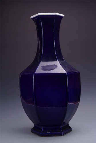 A Chinese Blue-glazed Hexagonal Bottle Vase