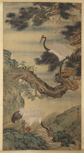 A Chinese Hanging Painting Scroll of Twin Cranes by Lin Liang, ink on silk