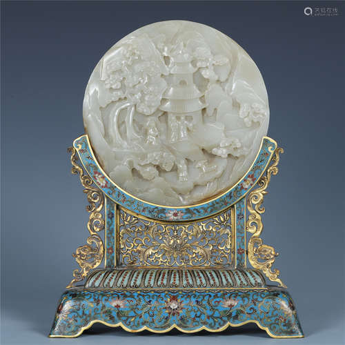 A Chinese Carved Whhite Jade  'Figure' Screen and Matching Cloisonne Enamelled Stand