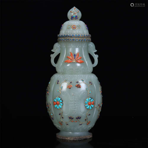 An Extremely Rare Jade Hindustan Vase Embellished with Treasures