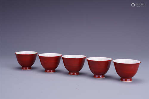 A Set of Five Chinese Red Glazed Porcelain Tea Cup, Qing Dynasty