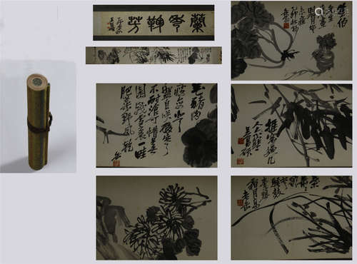 A Fine Chinese Hand Scroll Painting of Flower by Wu Changshuo, ink on paper