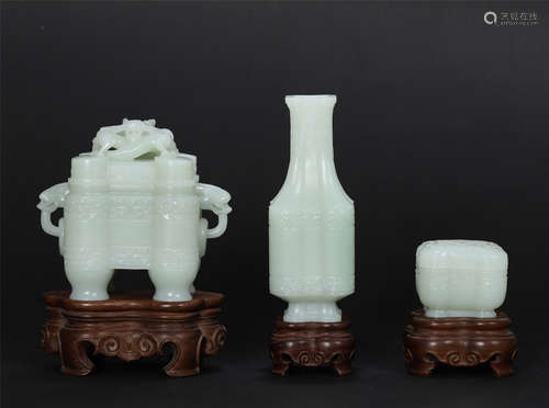 A  Chinese Jade Censer, Vase and Box Set