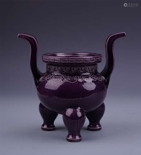 A Chinese Tea Dust Glazed Tripod with Twin Handles