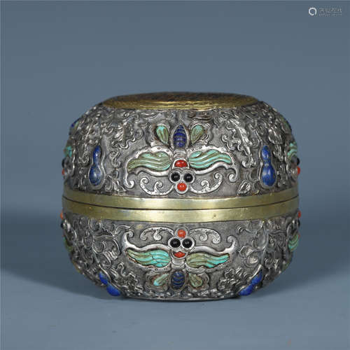 A Chinese Silver Box Embellished with Treasure Stones