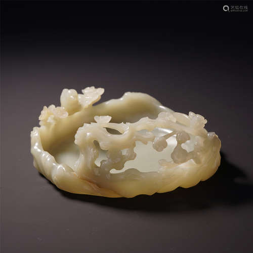 A Chinese Carved White Jade Pulum Blossom  Brush Washer