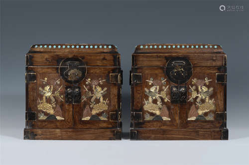 A Chinese Huanghuali Scholar Chest Inlaid with Treasures