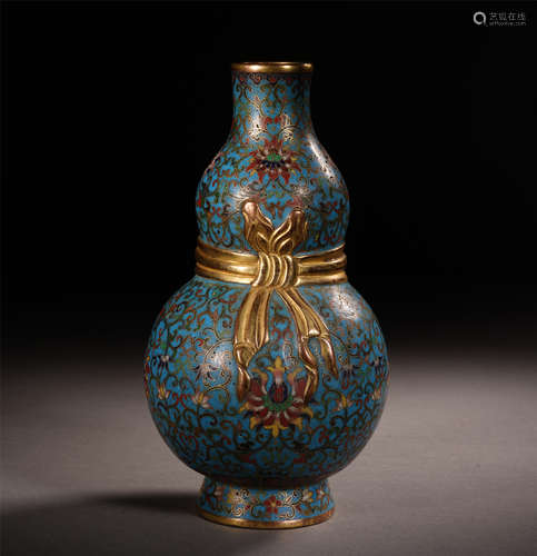 A Fine Chinese Gilt Bronze and  Cloisonne Enameled Double Gourd Vase