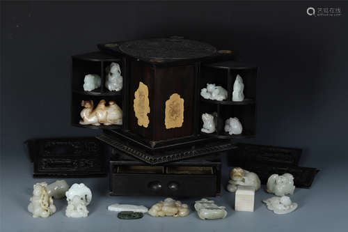 An Imperial Chinese Jade Carving set and Matching Treasure Box