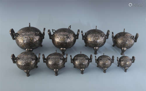 A Set of Chinese Silver Inlaid Bronze Tripot Ding