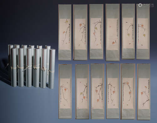 A Set of Twelve Hanging Painting Scrolls of Flowers by Qi Baishi