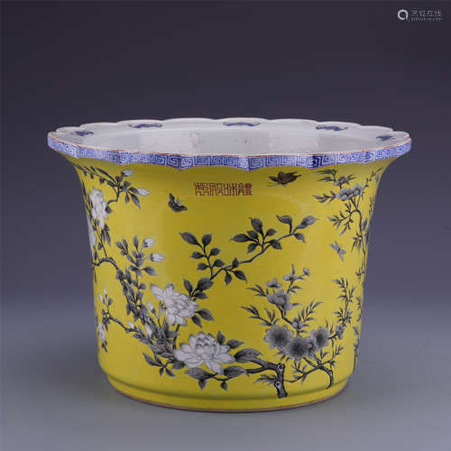 A Chinese Yellow Ground Enamelled Famille Rose 'Floral' Basin