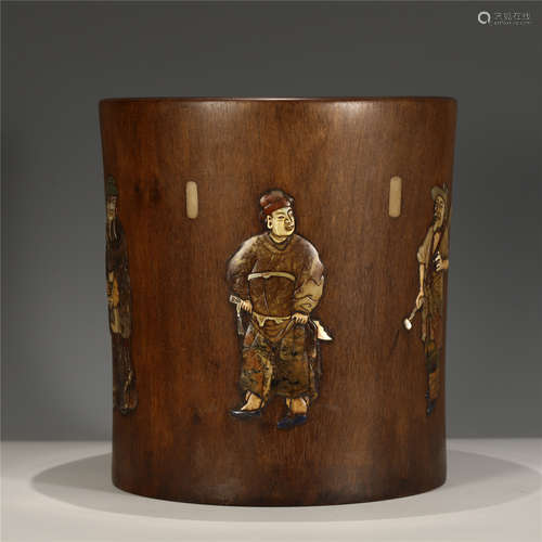 A Chinese Huanghuali 'Figure' Brush Pot Inlaid with Treasures