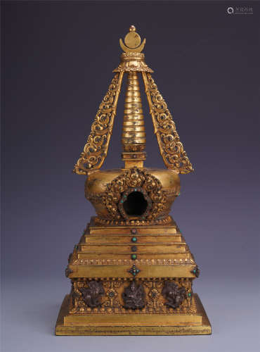 A  Chinese Carved Gilt Bronze Pagoda Inlaid with Treasure