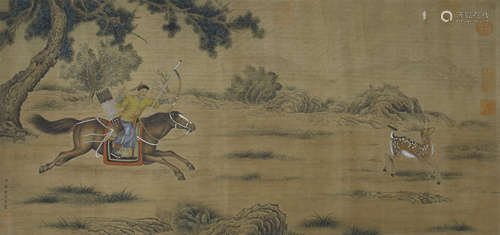 A Chinese Framed  Scroll Painting of Hunting by Lang Shining, ink on silk