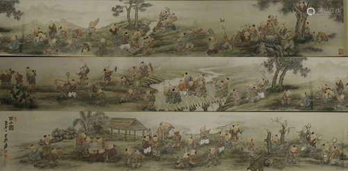 A Fine Chinese Hand Scroll Painting of Hundred Boys by Zhang Daqian, ink on paper