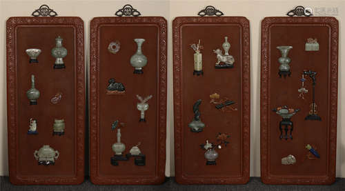 Four Finely Carved Chinese Cinnabar Lacquer Panels Inlaid with Treasures