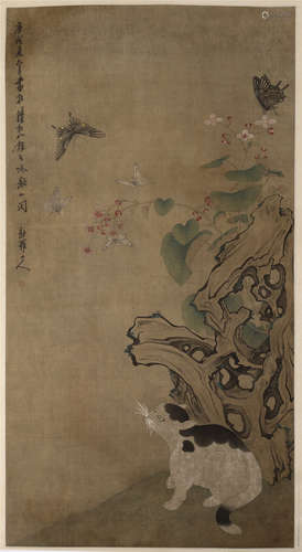 A Chinese Hanging Painting Scroll of Flower by Xinluoshanren, ink on silk