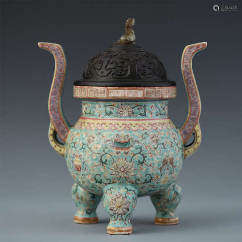 A Chinese Enameled Tripod 'Floral' Censer with Twin Handles