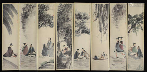 A Set of Eight Hanging Painting Scrolls of Figure by Fu Baoshi, ink on paper