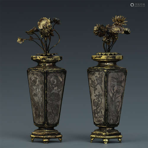 A Pair of Chinese Silver Inlaid  Bronze Vases