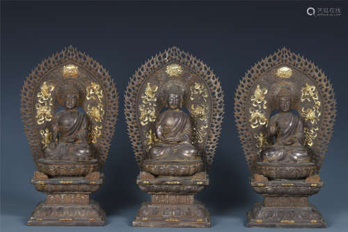 Three Finely Cast Gilt Bronze Trikala Buddhas Statues