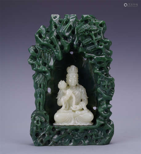 A Chinese  Carved Spinach Green Jade Shrine and  White Jade Buddha Figure