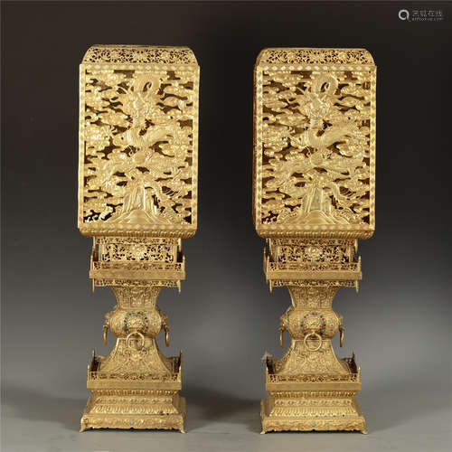 A Pair of Chinese Imperial Gilt Bronze 'Dragon' Lantern